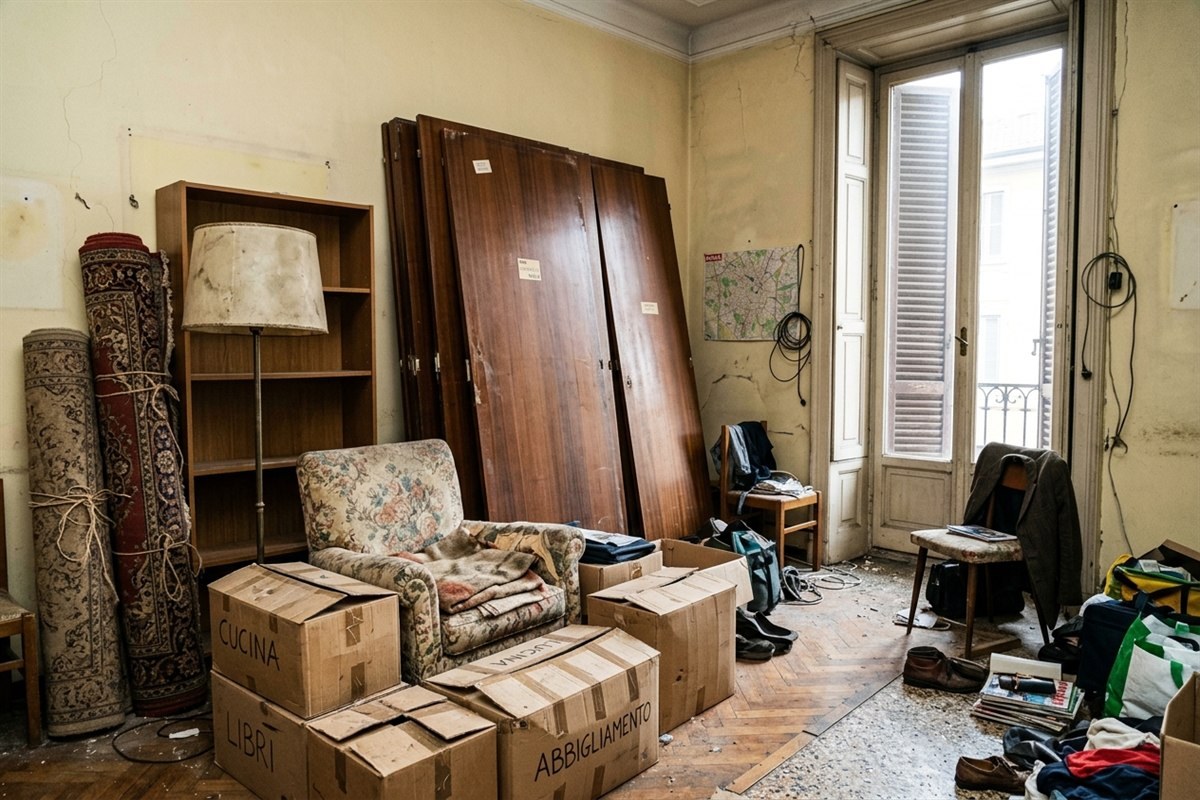 Appartamento a Milano prima dello sgombero con mobili smontati, poltrona e scatoloni