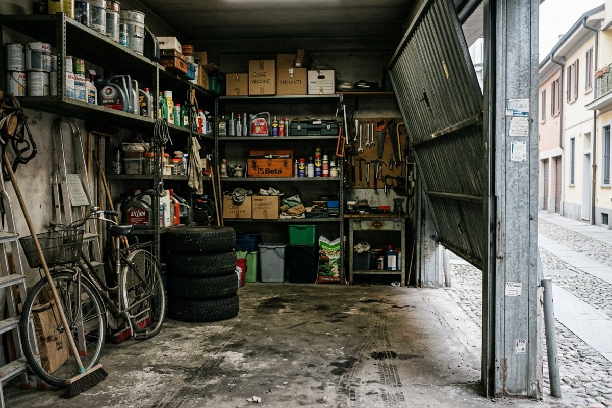 Box garage a Milano ingombro di scaffali, pneumatici, vernici e scatoloni prima dello sgombero