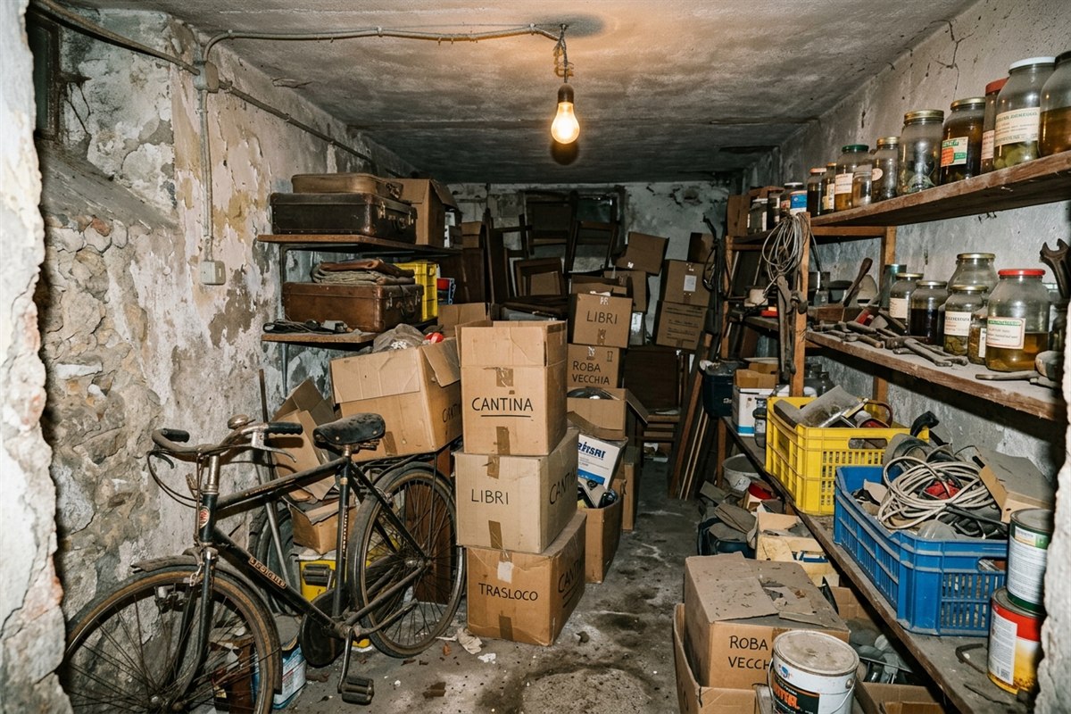 Cantina con scatole, scaffali, bici e vecchi arredi a Milano prima dello sgombero