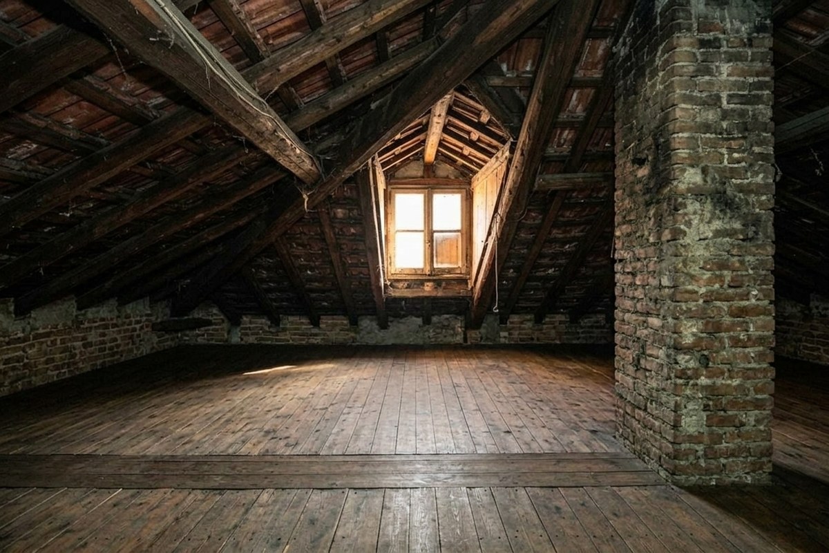 Solaio e soffitta a Milano completamente svuotati con travi in legno a vista e pavimento pulito